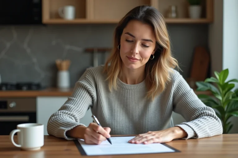 Femme d'âge moyen examinant un contrat dans une cuisine moderne
