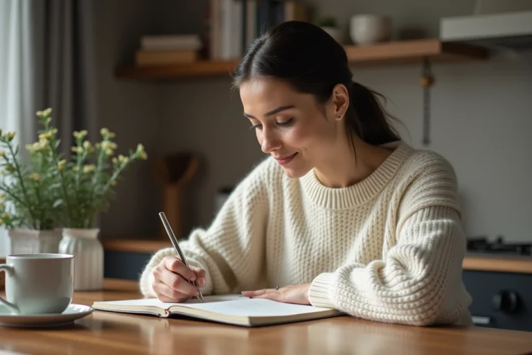 Femme écrivant dans un carnet dans une cuisine chaleureuse