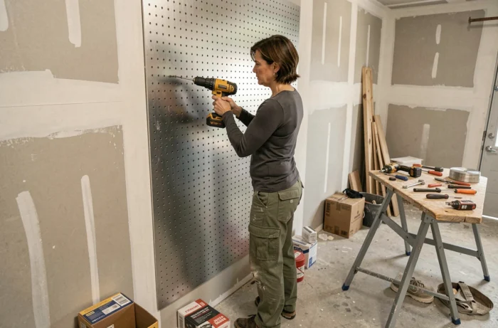 Femme installant un panneau porte-outils en acier dans un garage en cours d'aménagement