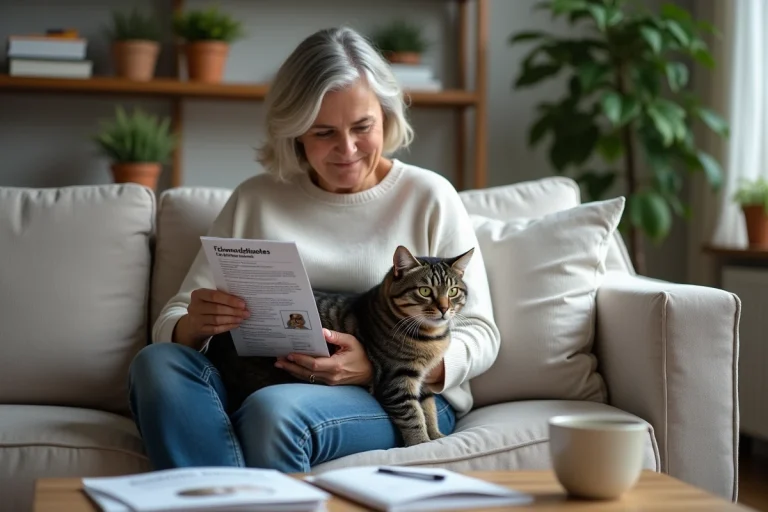 Femme lisant un dépliant avec son chat gris sur le sofa