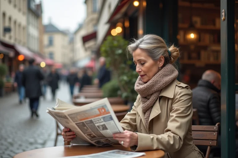 Femme en trench et foulard lisant un journal à Rouen