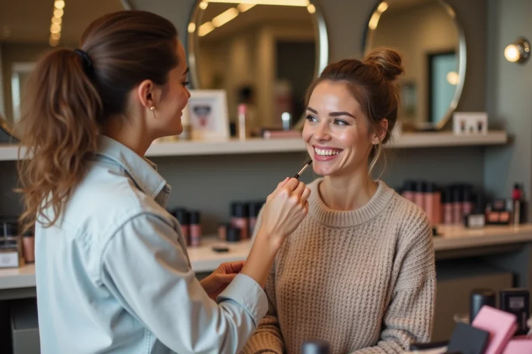 Femme souriante appliquant du blush dans un magasin de beauté