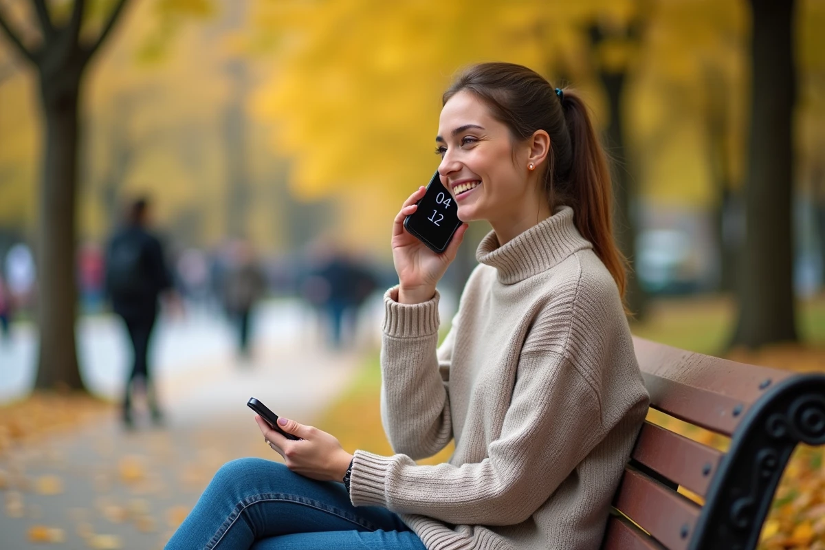 Jeune femme assise dans un parc parlant au téléphone
