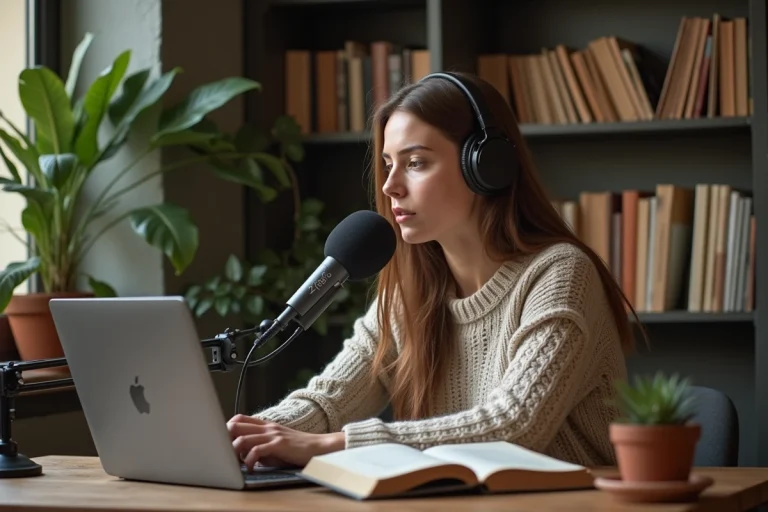 Femme écoutant et lisant un livre dans un bureau chaleureux