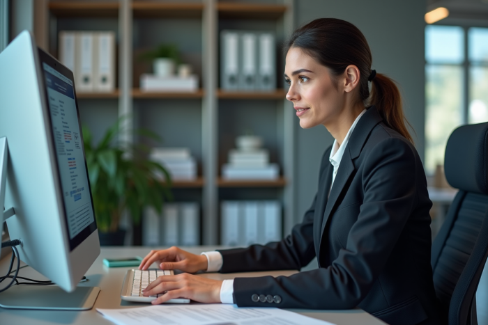 Femme d affaires concentrée sur ses documents numériques