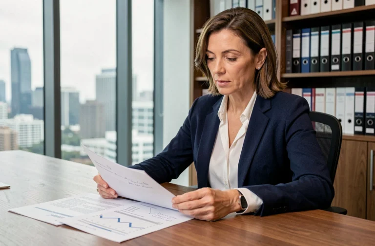 Femme professionnelle analysant un dossier de financement commercial à une table de conférence en entreprise