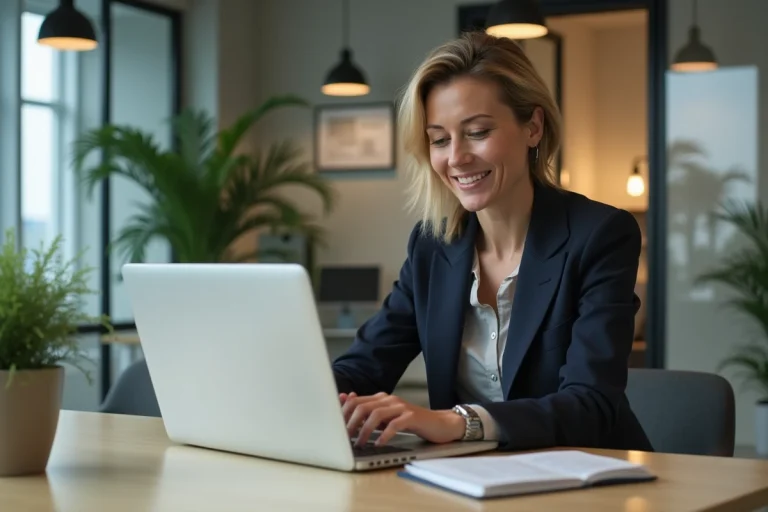 Femme professionnelle souriante dans un bureau moderne