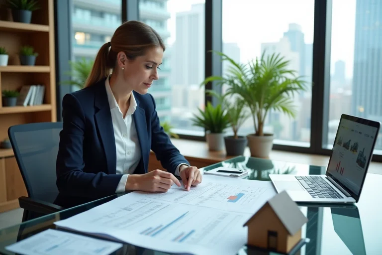 Femme professionnelle analysant des plans immobiliers dans un bureau moderne pour un investissement immobilier réussi en 2024