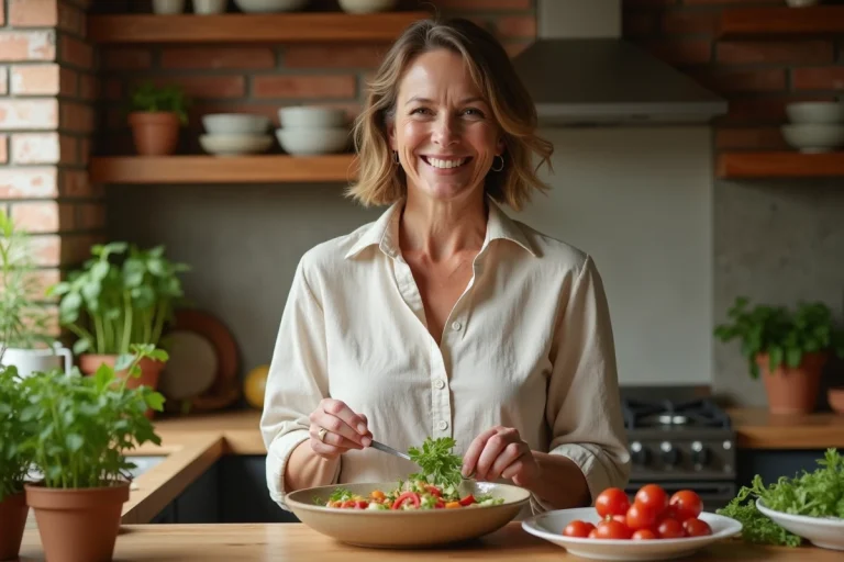 Femme souriante garnissant une salade méditerranéenne dans la cuisine