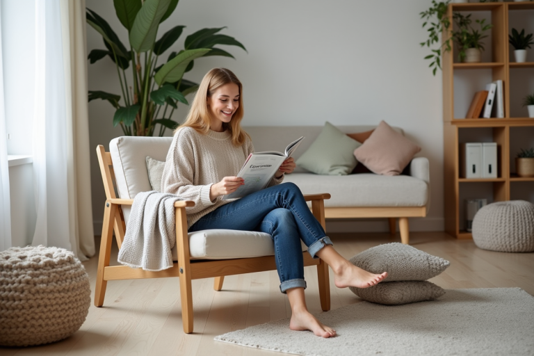 Jeune femme scandinave lisant dans un salon cosy