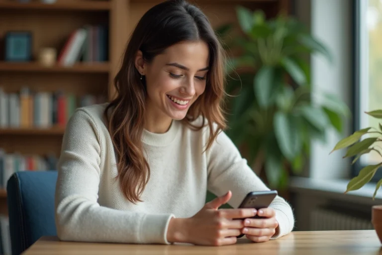 Femme souriante utilisant son smartphone pour taper un Ç