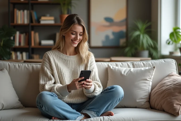 Femme souriante utilisant son smartphone dans un salon cosy