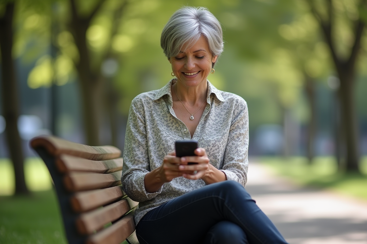 Femme âgée souriante assise sur un banc dans un parc