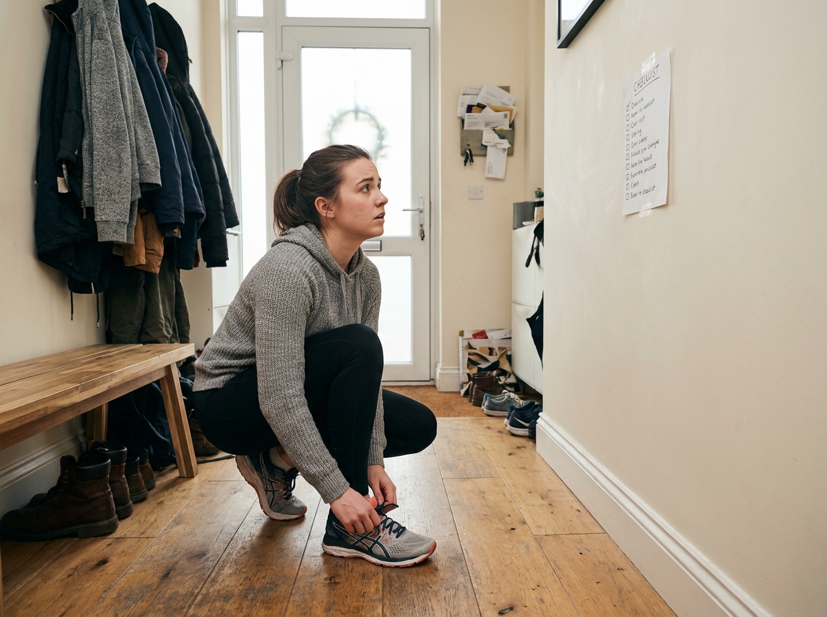 Jeune femme en tenue sportive nouant ses chaussures dans le couloir