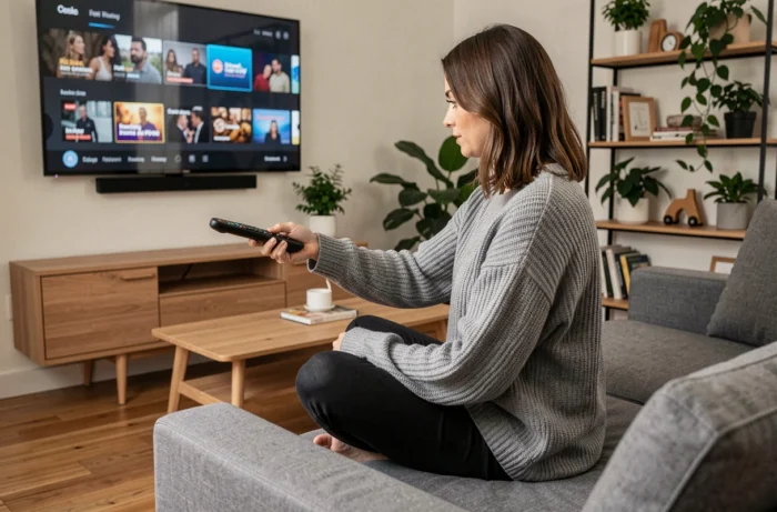 Femme regardant des chaînes TV en streaming sur un grand écran dans un salon moderne et confortable