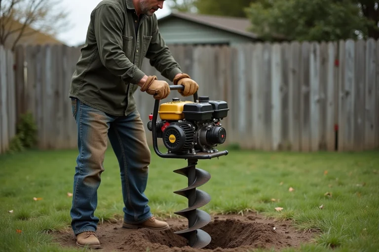 Homme utilisant une tarière thermique pour forer un puits dans un jardin résidentiel