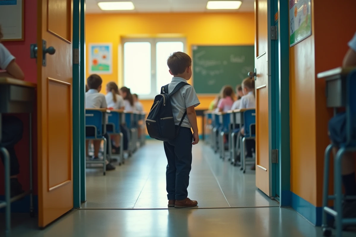 Garçon hésitant à la porte de la classe scolaire