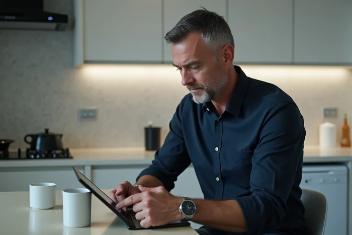 Homme gérant ses services de sécurité en ligne via une tablette sur l'espace client MonPortailSecuritas depuis son domicile