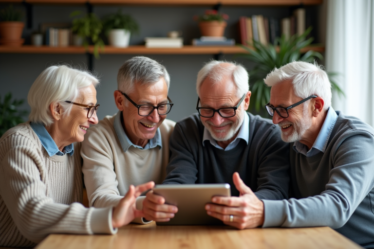 Groupe d'adultes souriants autour d'une tablette