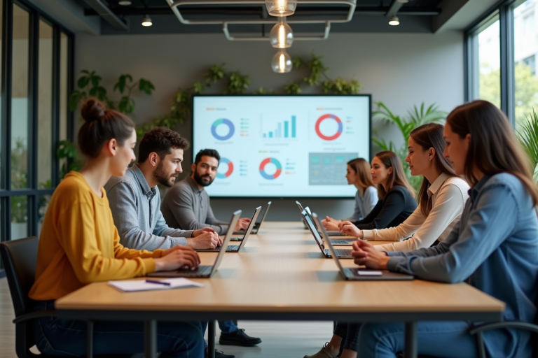 Groupe de professionnels dans un bureau moderne et lumineux