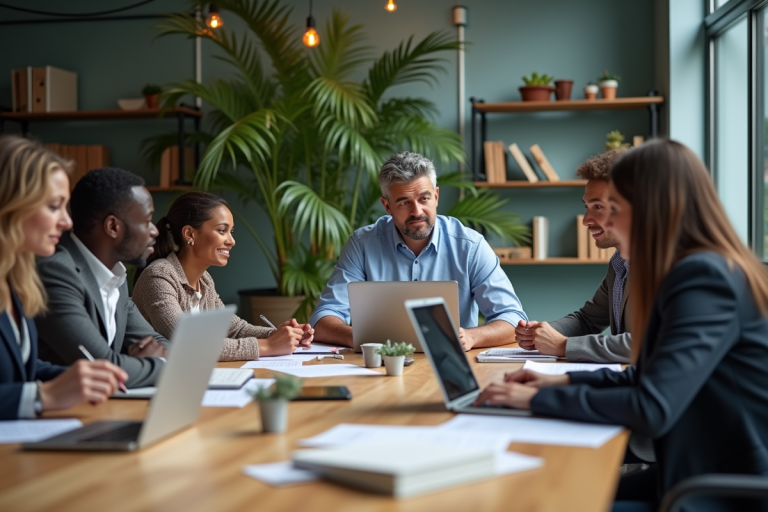 Groupe de professionnels en réunion dans un bureau moderne