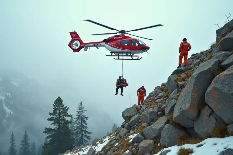 Hélicoptère de secours en montagne hélitreuillant un randonneur blessé sur une crête alpine enneigée