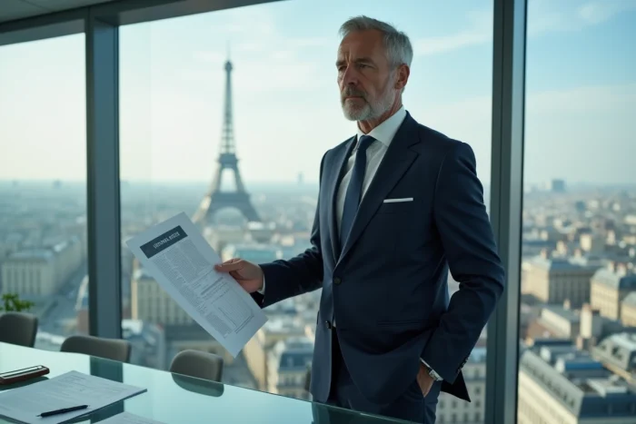 Homme d'affaires français en costume bleu dans un bureau parisien