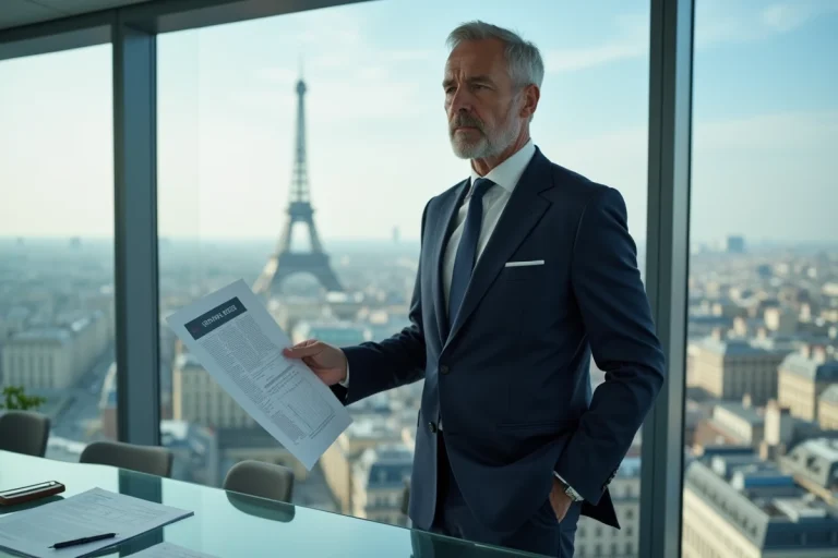 Homme d'affaires français en costume bleu dans un bureau parisien