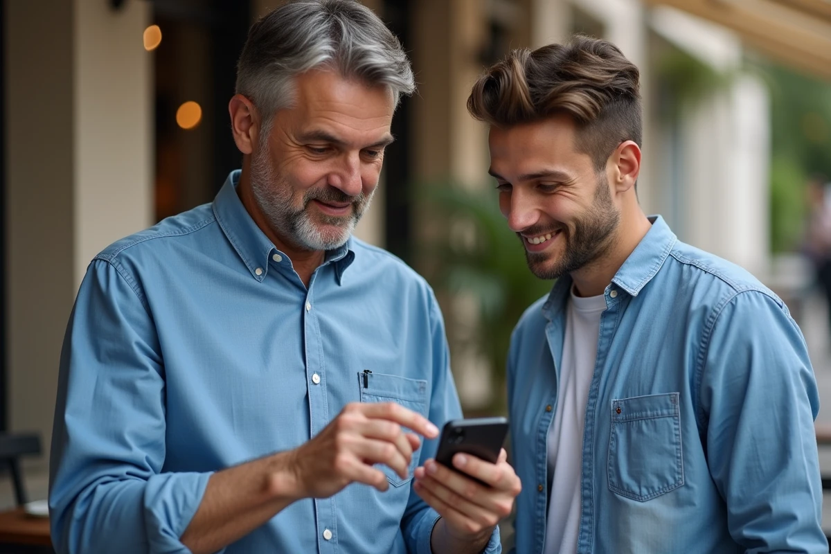 Homme montrant à un ami comment taper un Ç sur son téléphone