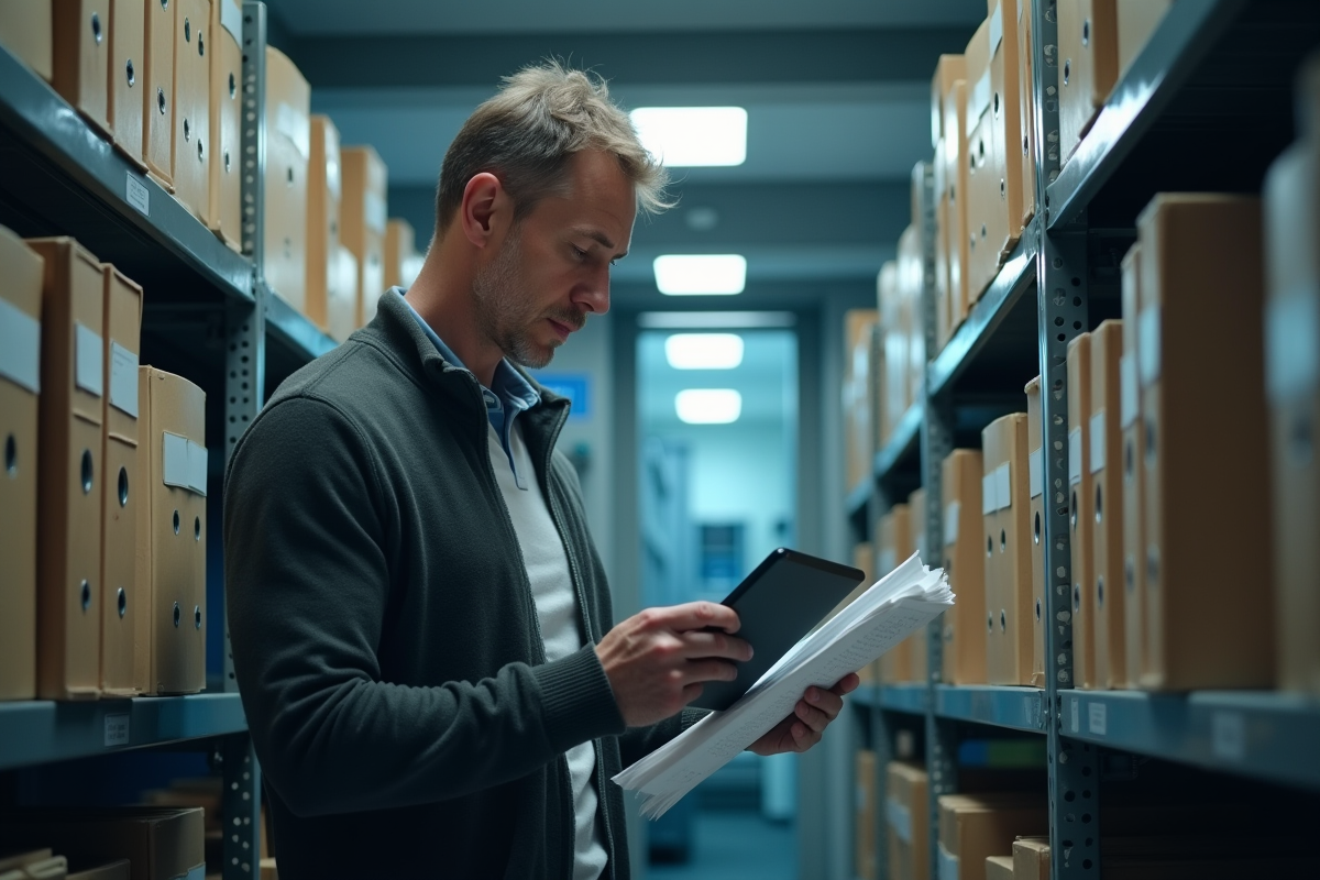 Homme vérifiant des documents dans une salle d archive