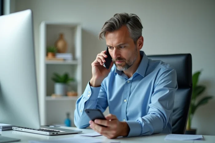 Homme d'âge moyen au bureau utilisant son smartphone
