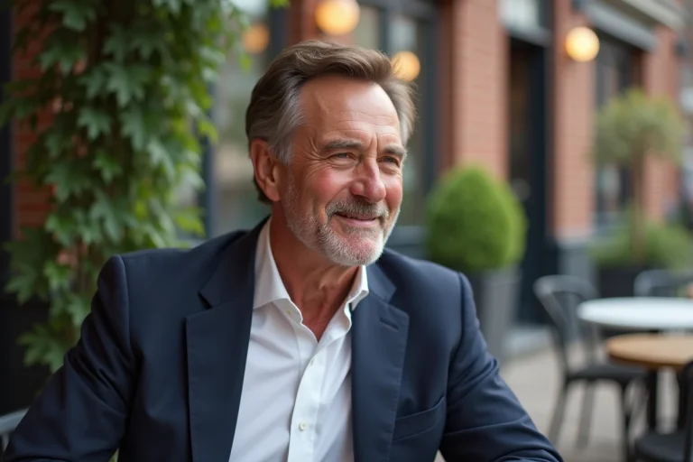 Homme d'environ 55 ans en portrait urbain détendu