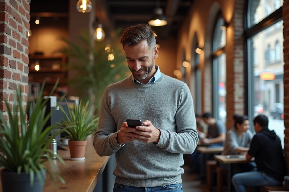 Homme lisant les actualites dans un cafe urbain