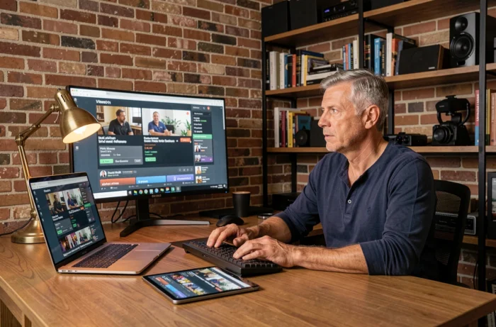 Homme comparant plusieurs applications de streaming TV sur un bureau à domicile avec écrans multiples