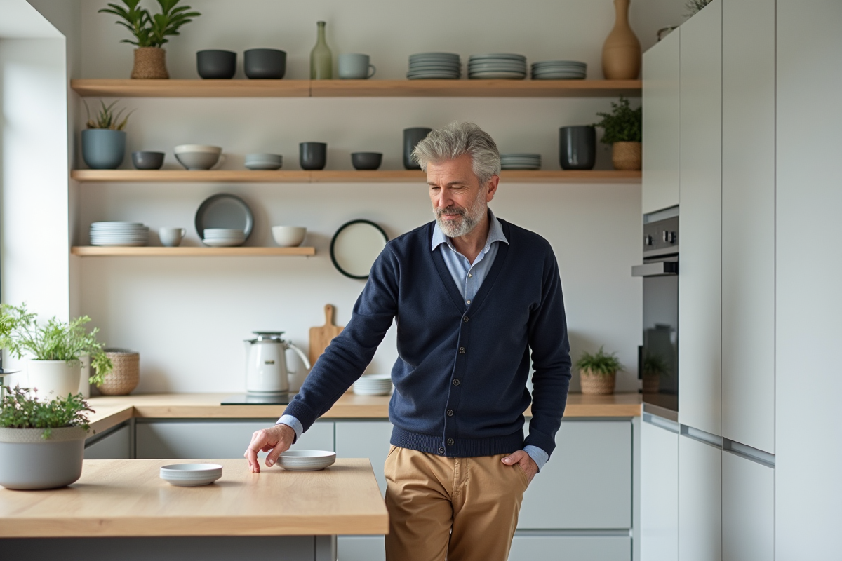 Homme arrangeant des céramiques dans une cuisine lumineuse
