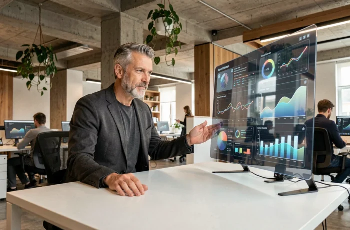 Homme en bureau moderne interagissant avec un écran OLED transparent affichant des tableaux de bord futuristes, innovation technologique en entreprise