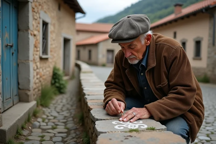 Vieil homme manouche traçant un symbole traditionnel à la craie sur un mur en pierre dans un village européen