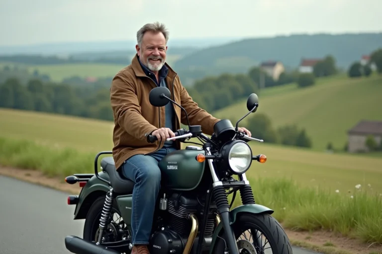 Homme en jeans et veste moto sur Yamaha Niken en campagne