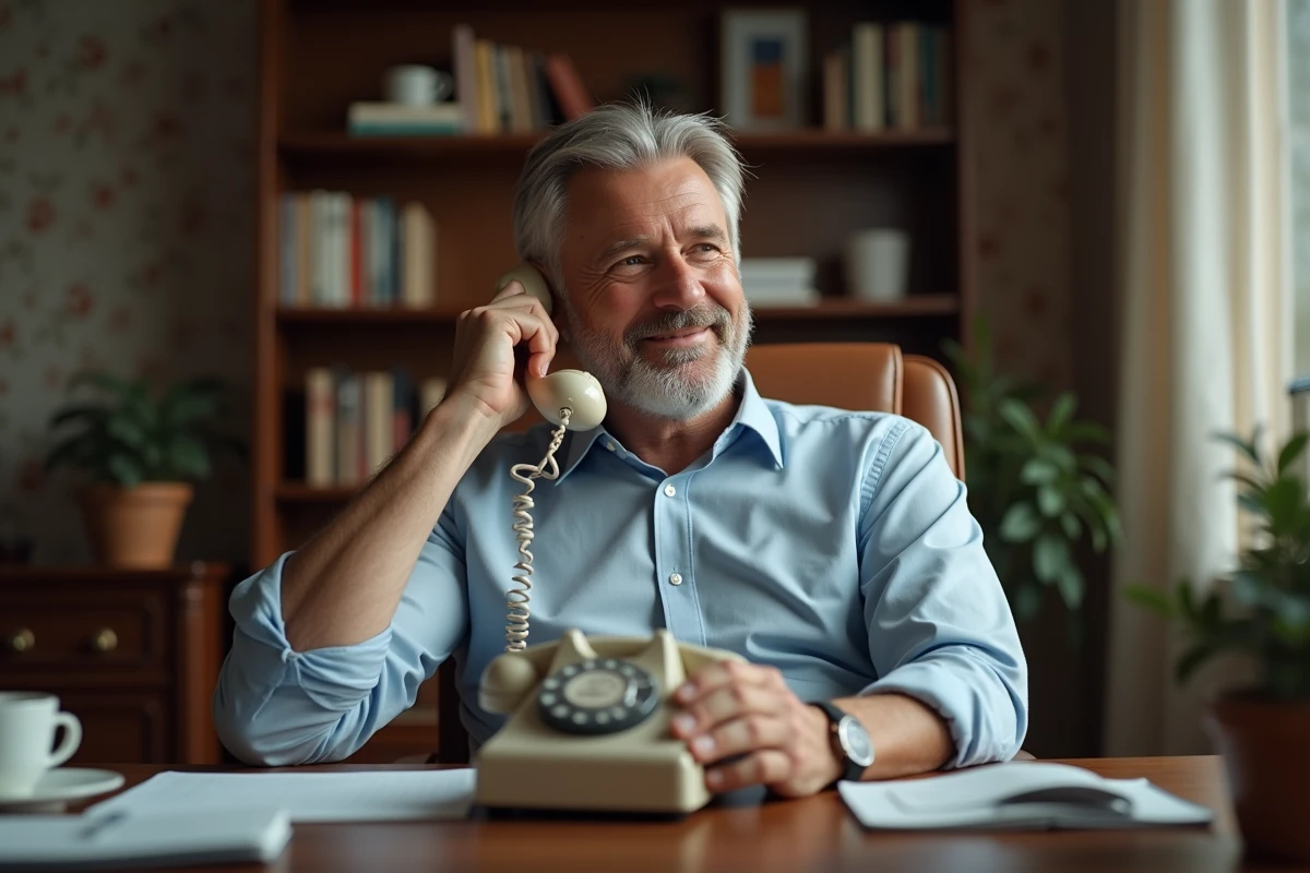 Homme en réunion dans un bureau à domicile avec téléphone vintage