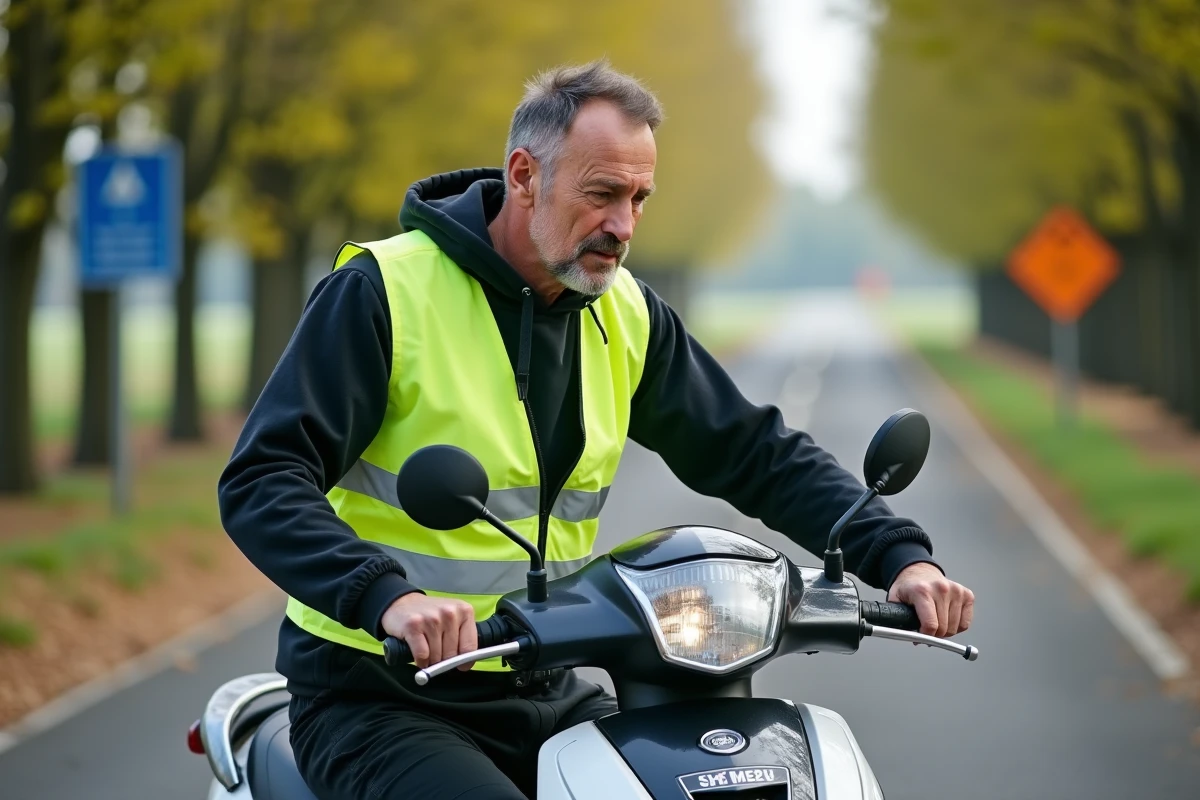 Homme ajustant le miroir de son scooter en campagne