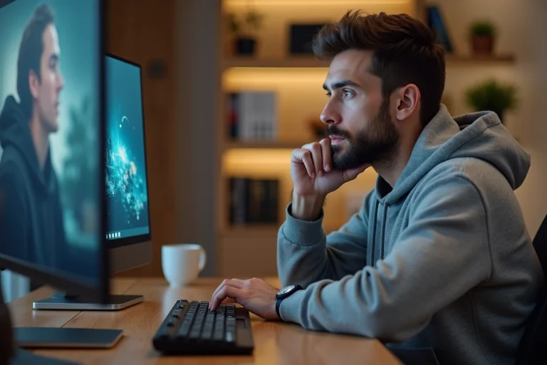 Homme parcourant une plateforme de streaming vidéo en ligne sur un ordinateur de bureau avec une expression interrogative