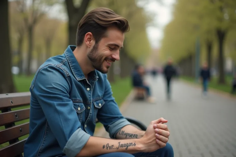 Homme avec tatouage cursif sur l'avant bras dans un parc