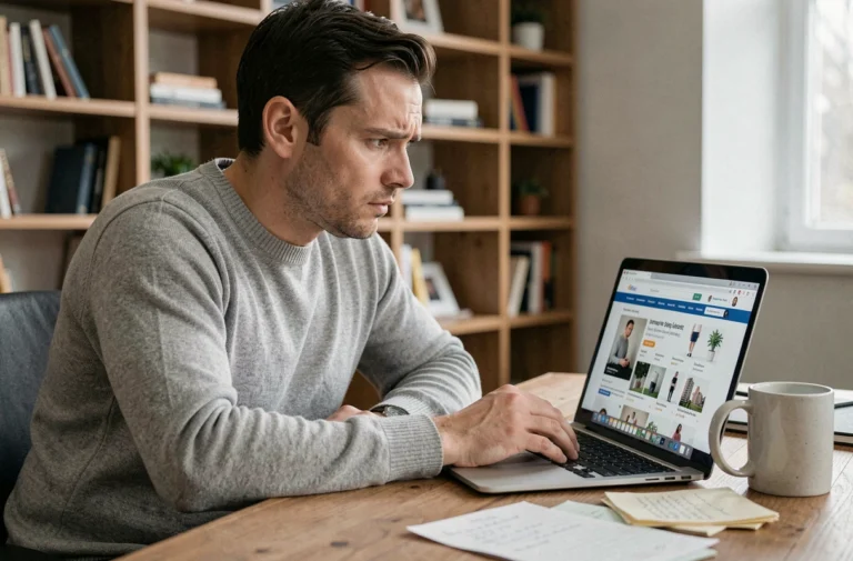 Homme scrutant un site e-commerce suspect sur son ordinateur portable dans un bureau à domicile, exprimant une méfiance prudente