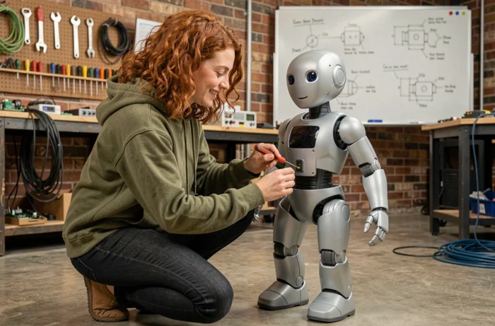 Ingénieure ajustant un robot humanoïde dans un atelier de startup technologique, illustrant les avancées en robotique et intelligence artificielle