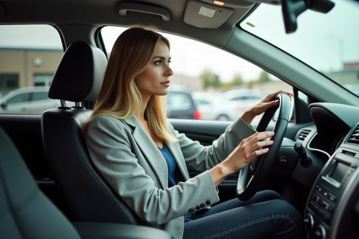 Femme inspectant l'intérieur d'un véhicule d'occasion lors d'un essai dans une concession automobile