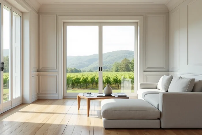 Salon lumineux d'une maison à vendre à Épernay avec vue sur les vignes de la Marne et parquet en chêne clair