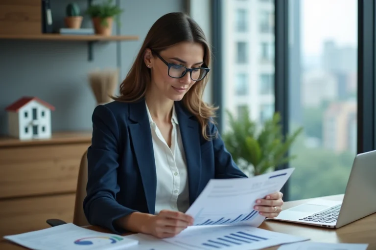 Femme professionnelle de l'immobilier analysant des documents de financement et des graphiques financiers dans une agence immobilière moderne avec vue sur la ville