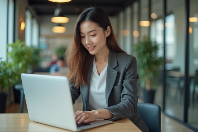 Jeune femme professionnelle travaillant sur un ordinateur dans un bureau moderne