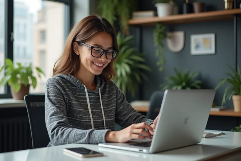 Jeune femme testant un appareil connecté dans un bureau moderne