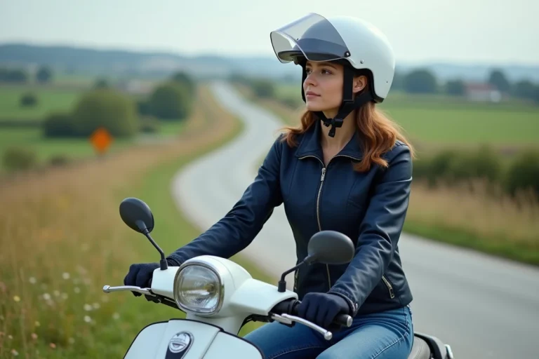 Jeune femme en scooter dans la campagne française